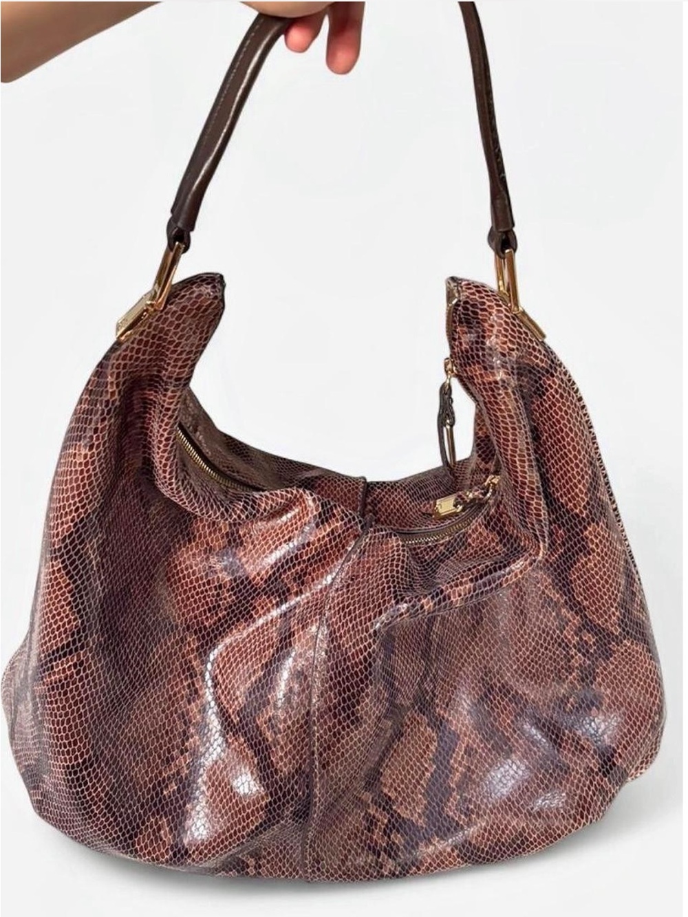 G.I.L.I. Brown Snakeskin-Print Hobo Bag with Gold Hardware